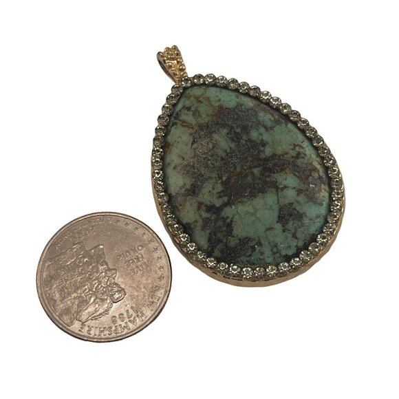 African Turquoise Tear Drop Natural Stone Pendant with Rhinestone Accents 2 inch - Picture 4 of 6